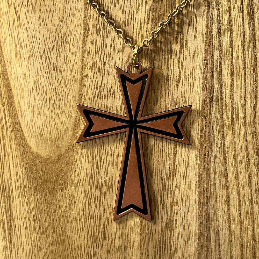 Vintage Large Modernist Cross Pendant Necklace USA Copper Gothic Medieval 24"